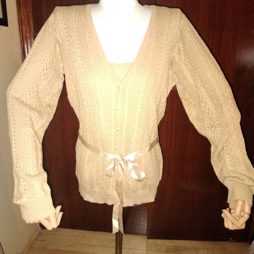 Beige Knit Cardigan with Ribbon Tie